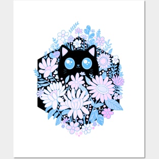 Cute black cat with blue wildflowers Posters and Art